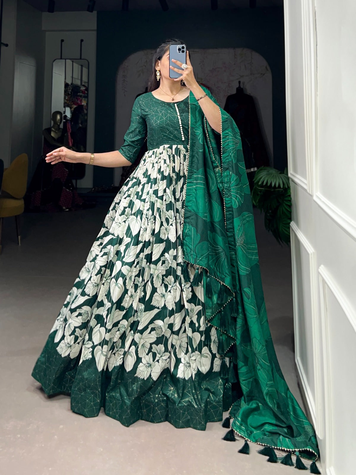 Hooriya fashions -  Tussar Silk Printed Gown.