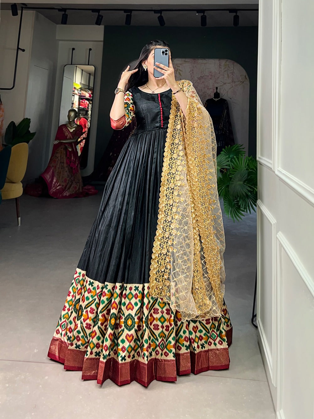 Hooriya fashions - Dola Silk Gown Printed with Foilwork.