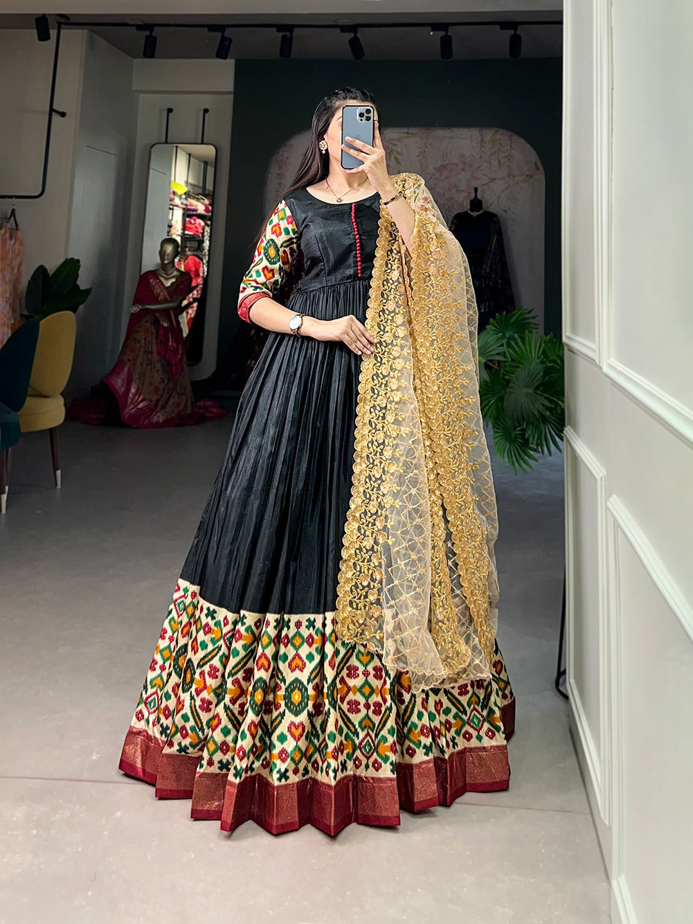 Hooriya fashions - Dola Silk Gown Printed with Foilwork.