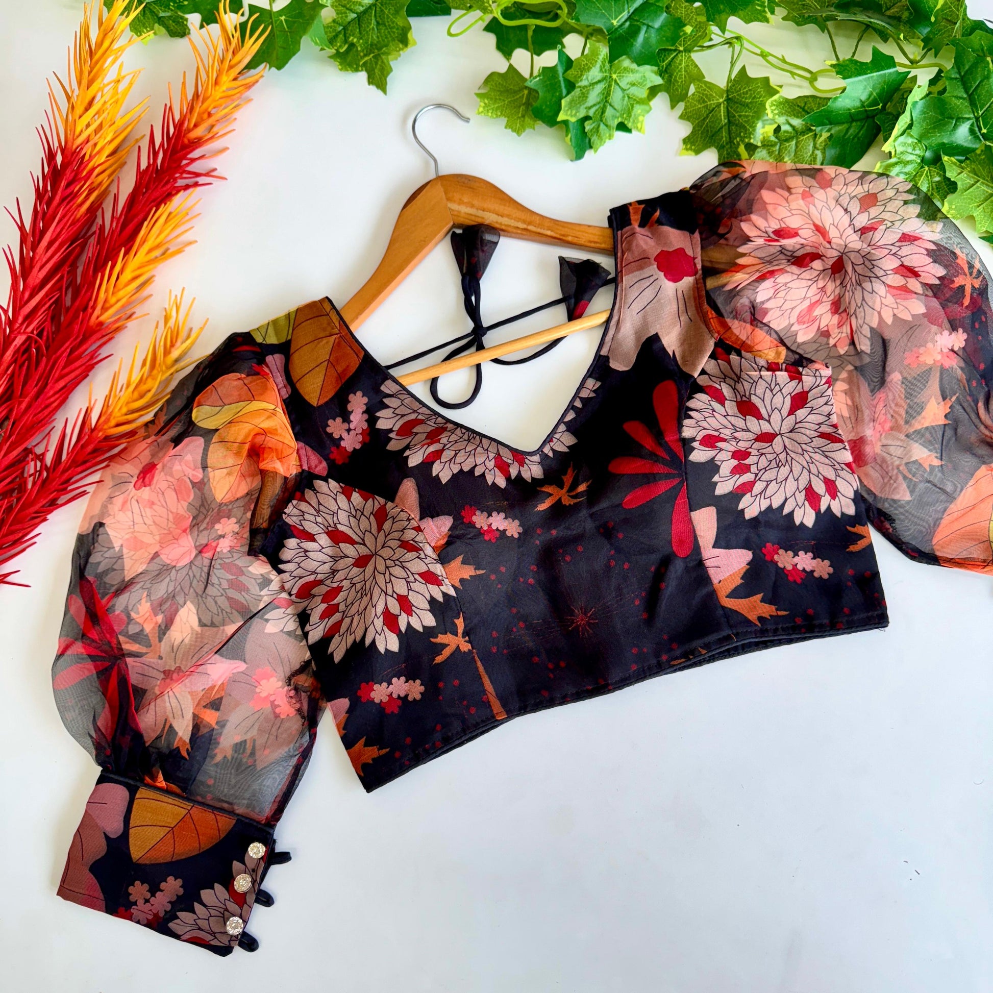 Hooriya fashions - Beautiful Kalamkari print all over blouse with beautiful buttons