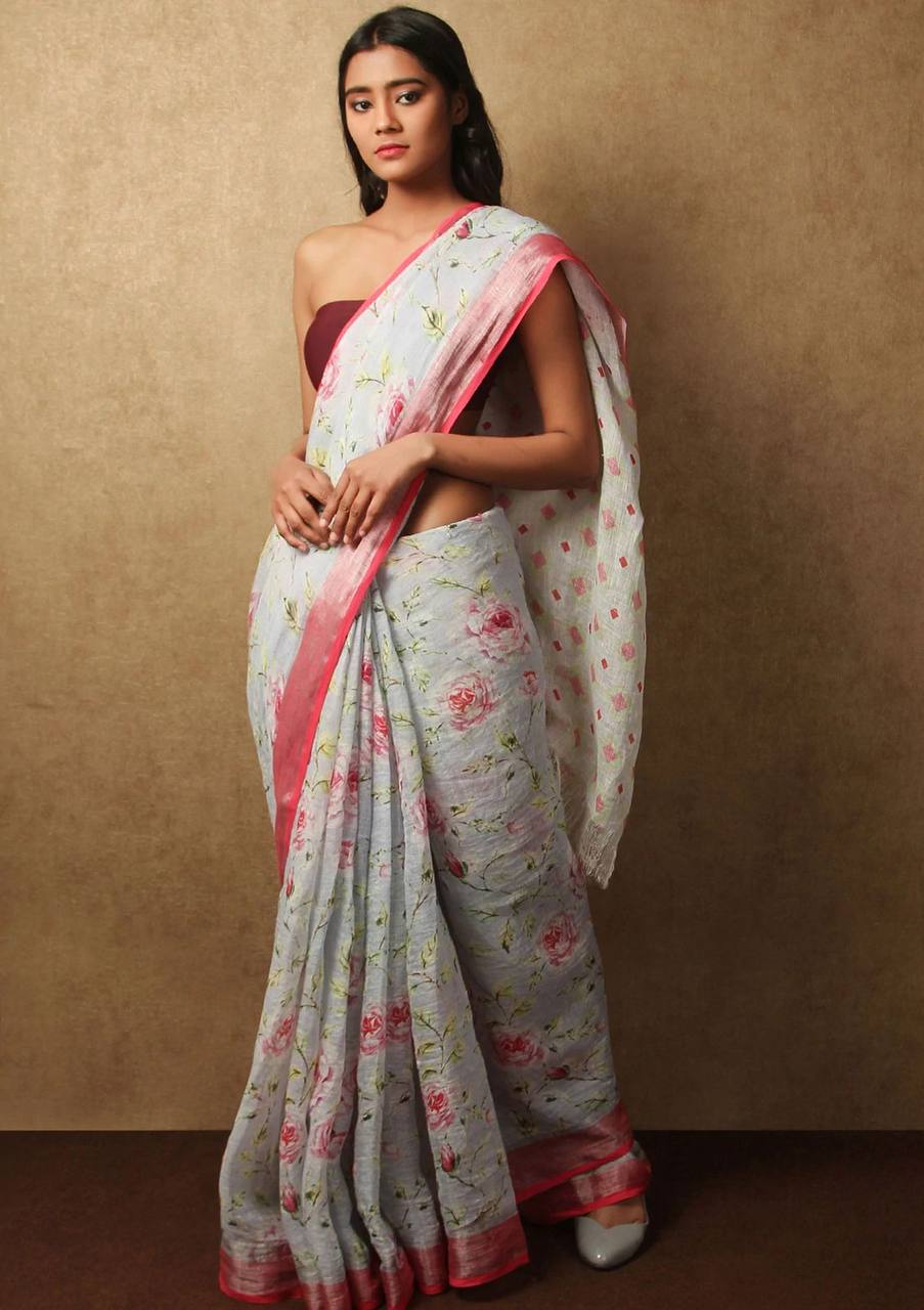 Hooriya fashions - Linen With Silver Jari Patta Saree.
