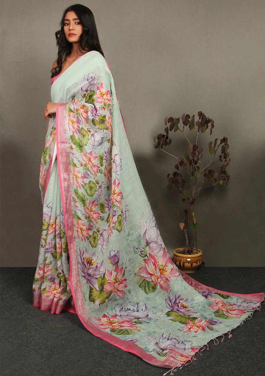Hooriya fashions - Linen With Silver Jari Patta Saree.