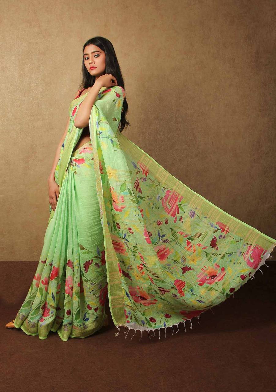 Hooriya fashions - Linen With Silver Jari Patta Saree.