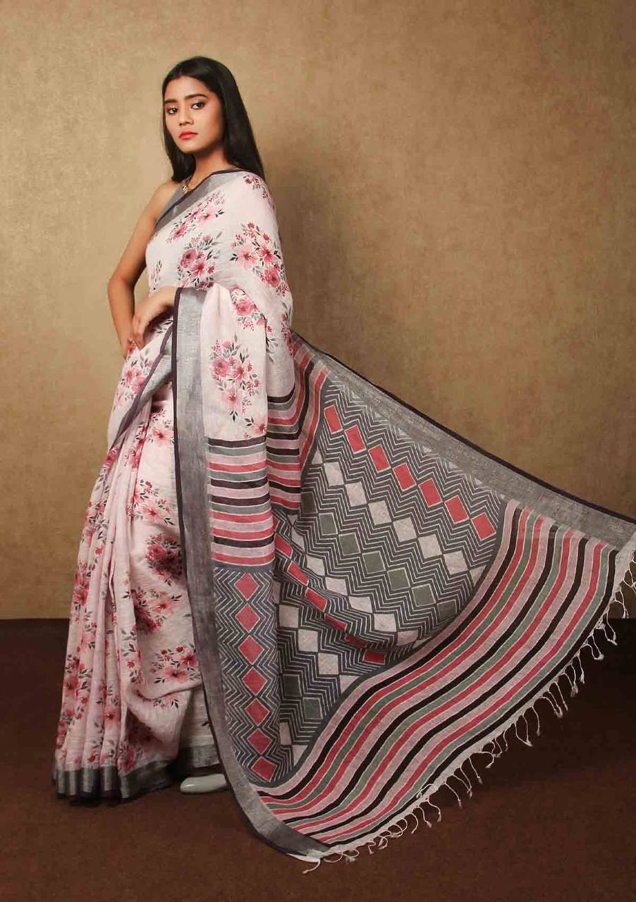 Hooriya fashions - Linen With Silver Jari Patta Saree.