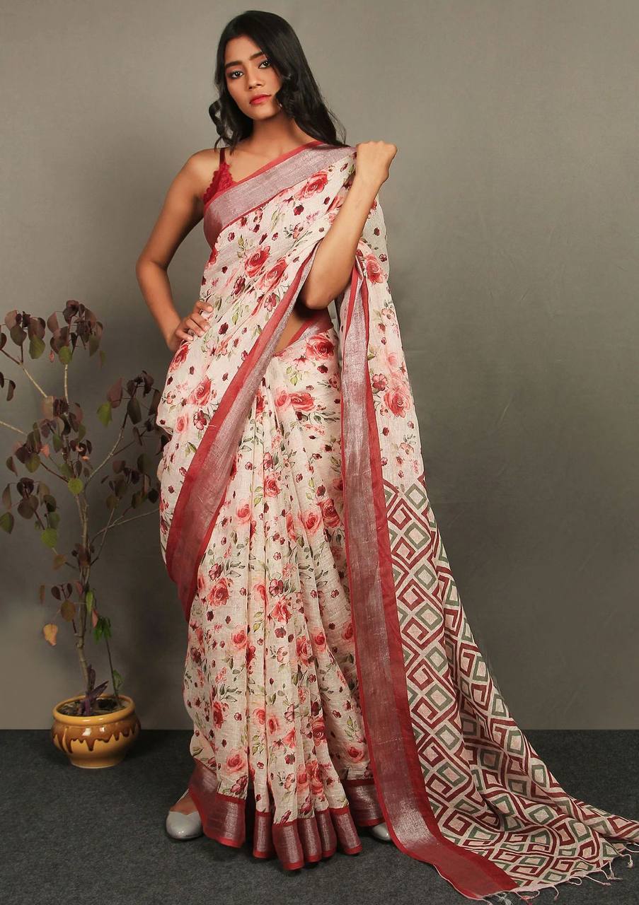 Hooriya fashions - Linen With Silver Jari Patta Saree.