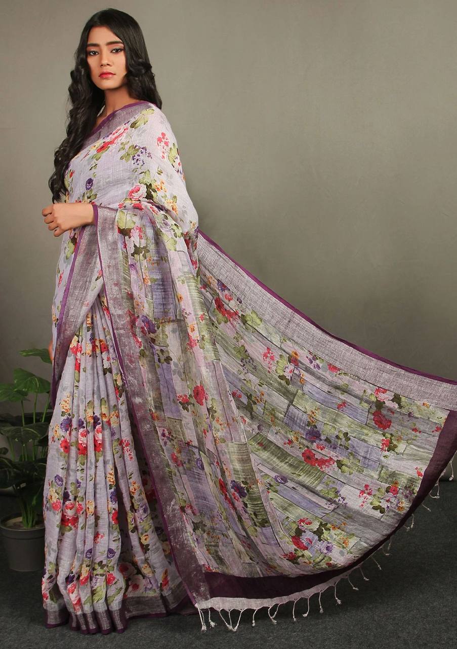 Hooriya fashions - Linen With Silver Jari Patta Saree.