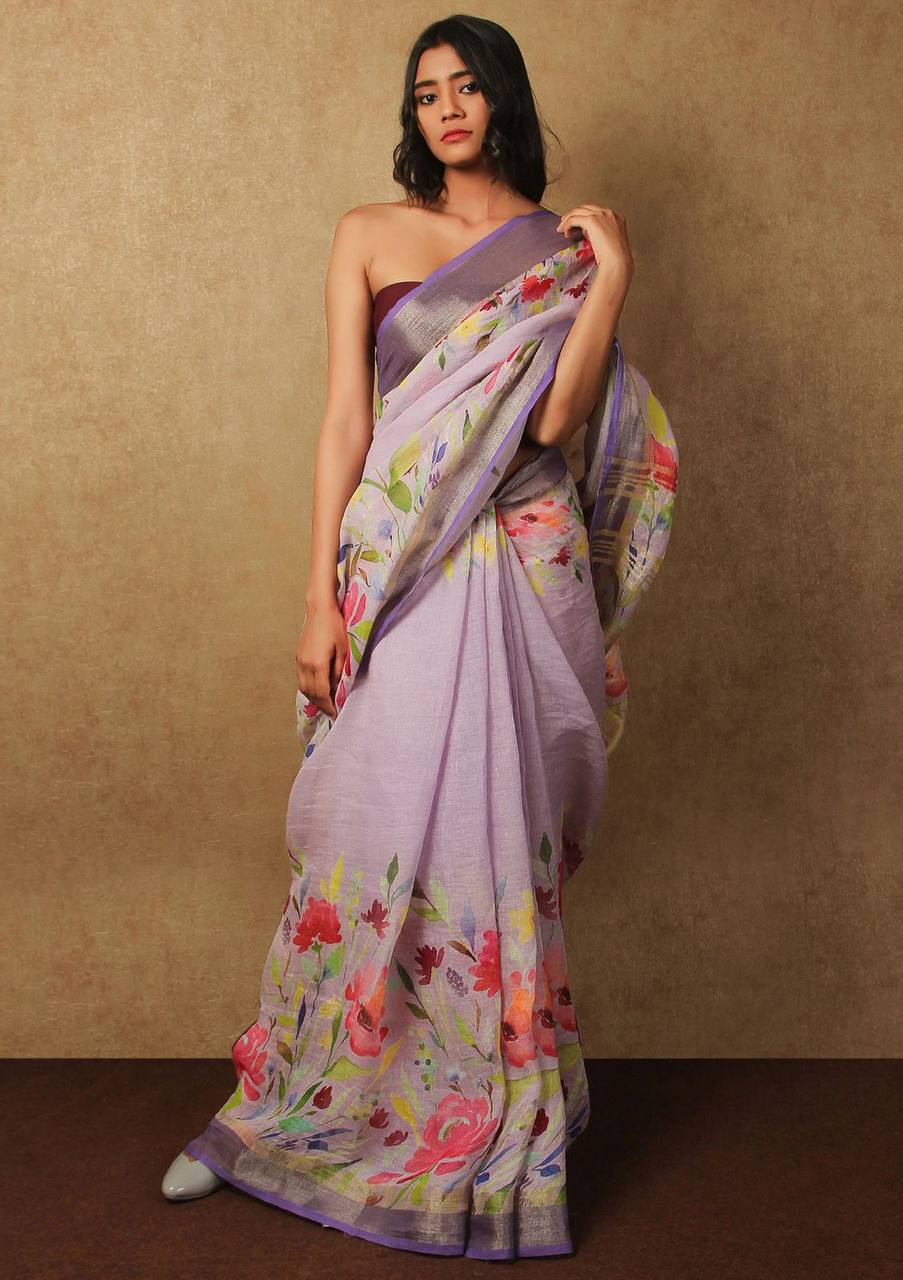 Hooriya fashions - Linen With Silver Jari Patta Saree.