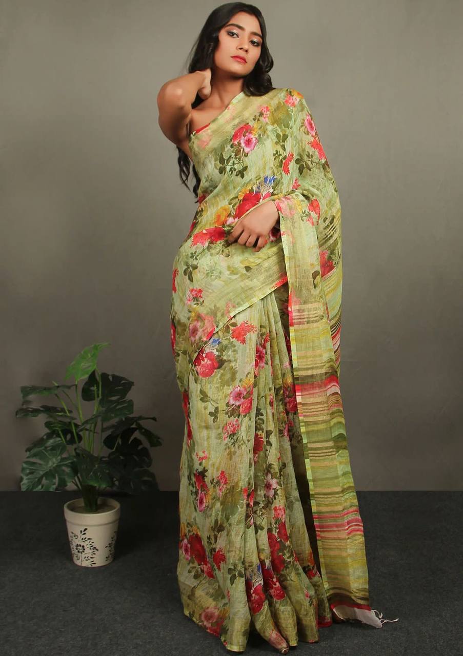 Hooriya fashions - Linen With Silver Jari Patta Saree.