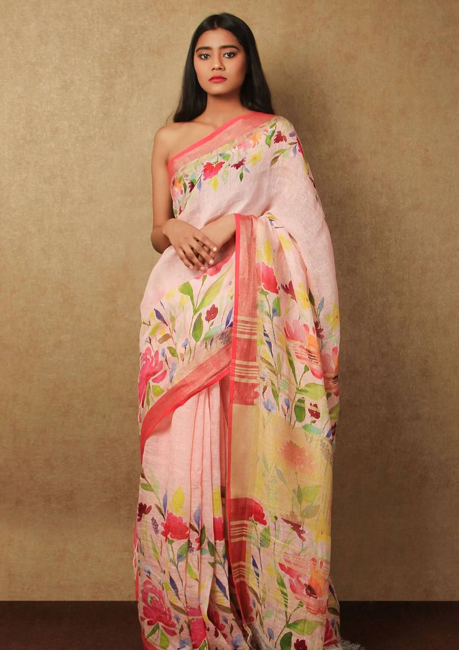 Hooriya fashions - Linen With Silver Jari Patta Saree.