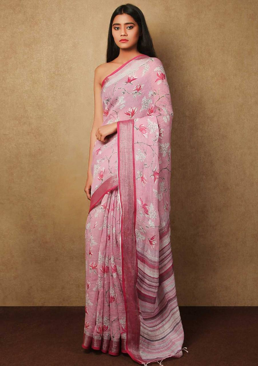 Hooriya fashions - Linen With Silver Jari Patta Saree.