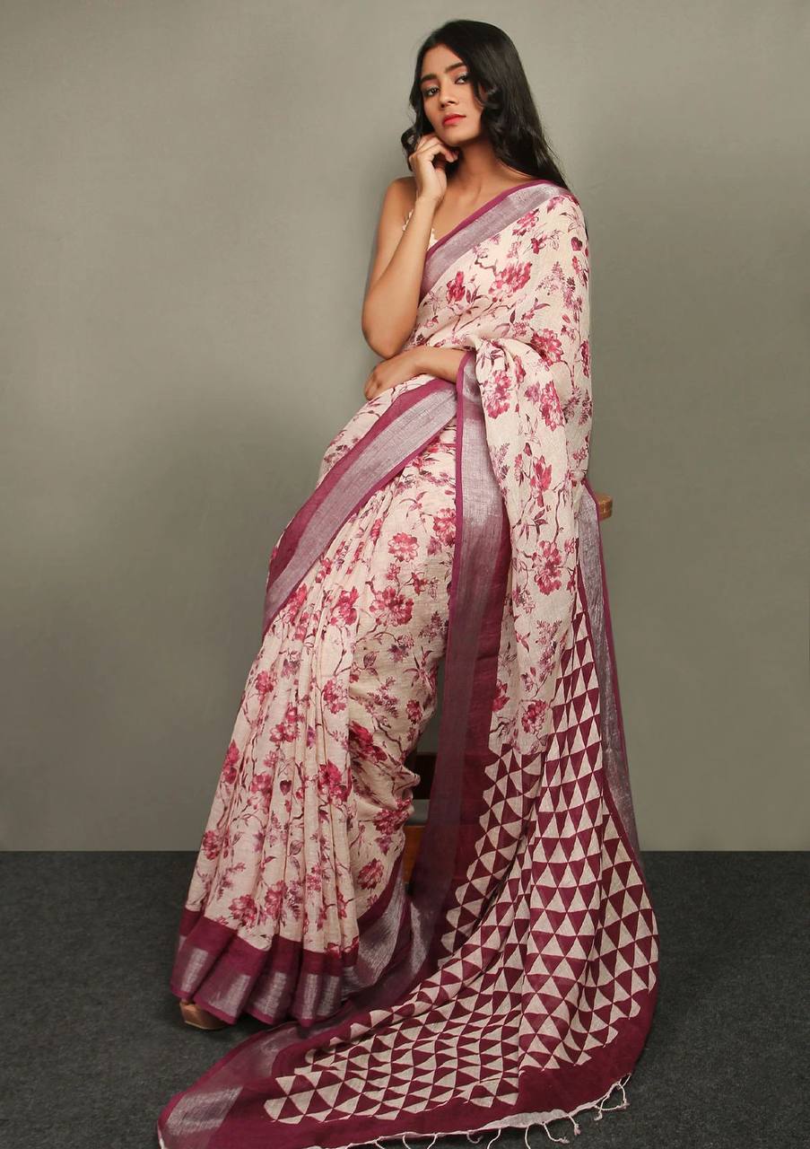 Hooriya fashions - Linen With Silver Jari Patta Saree.