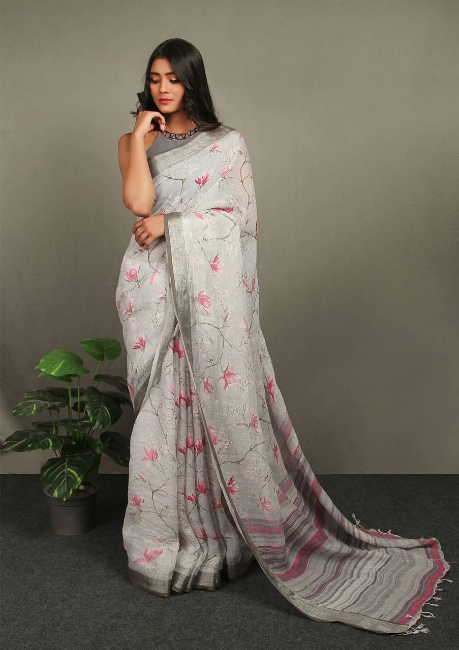 Hooriya fashions - Linen With Silver Jari Patta Saree.