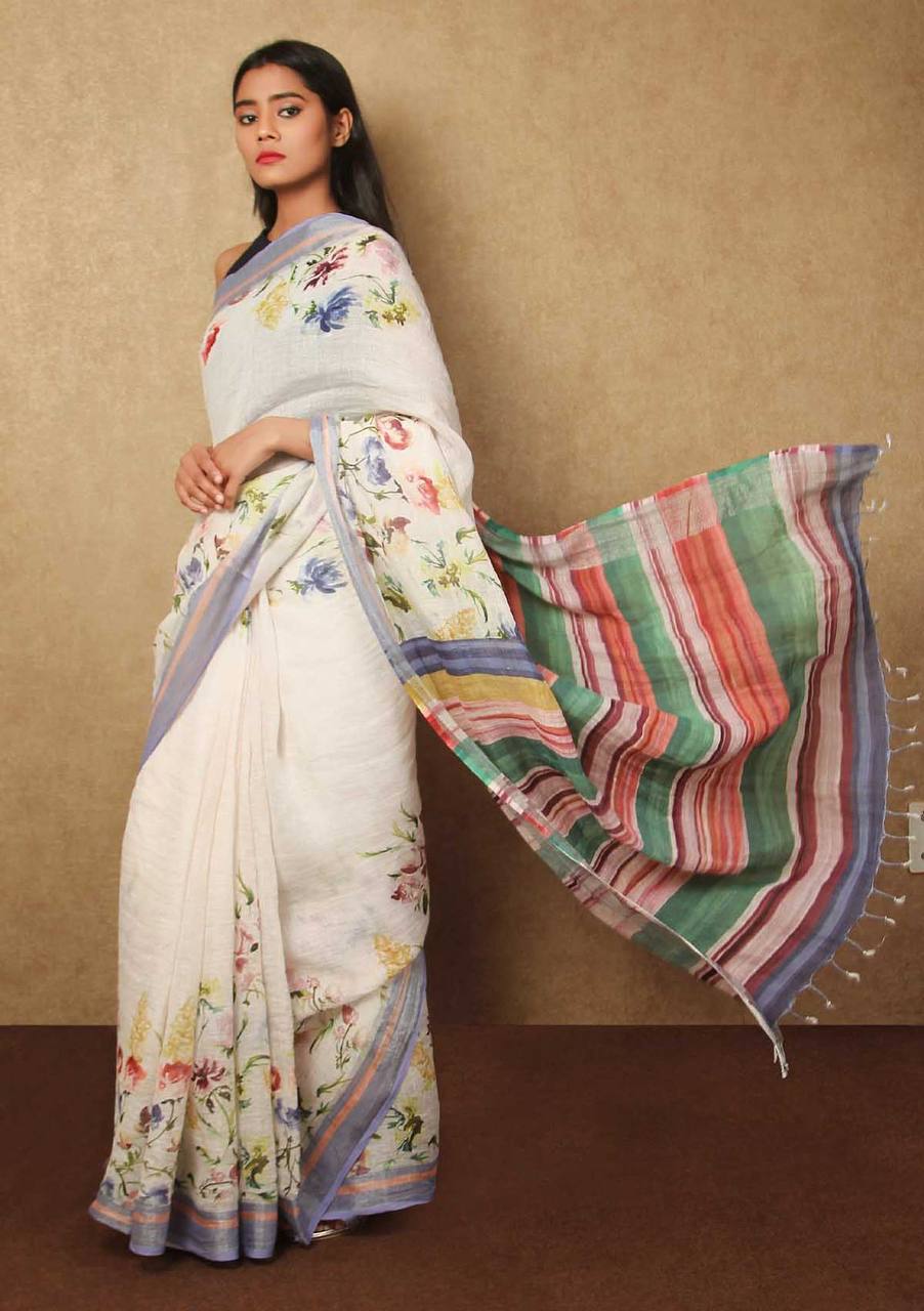 Hooriya fashions - Linen With Silver Jari Patta Saree.