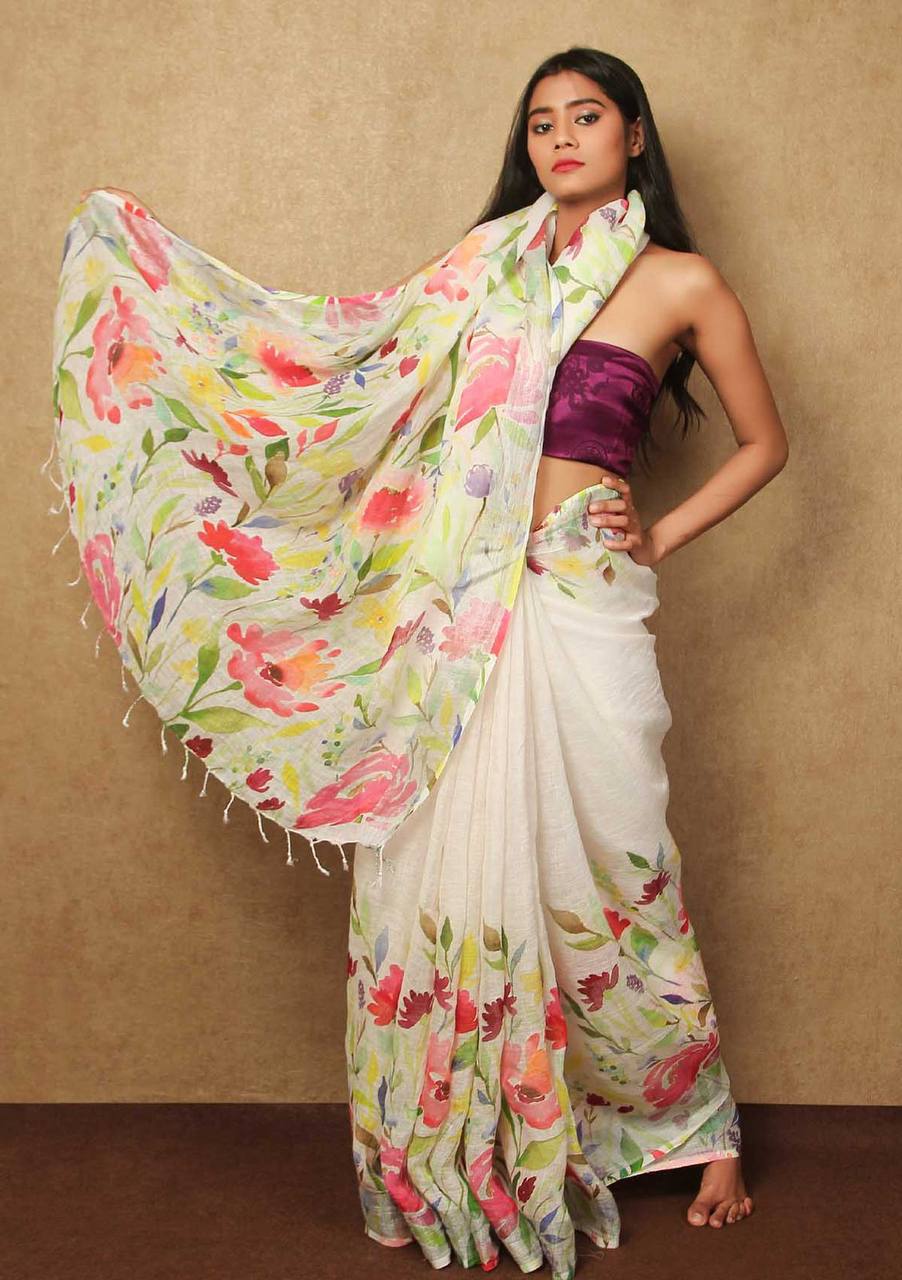 Hooriya fashions - Linen With Silver Jari Patta Saree.