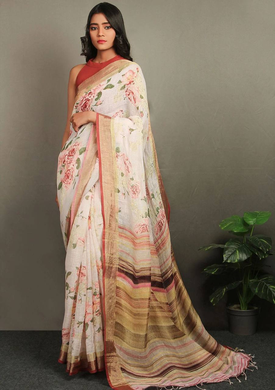 Hooriya fashions - Linen With Silver Jari Patta Saree.