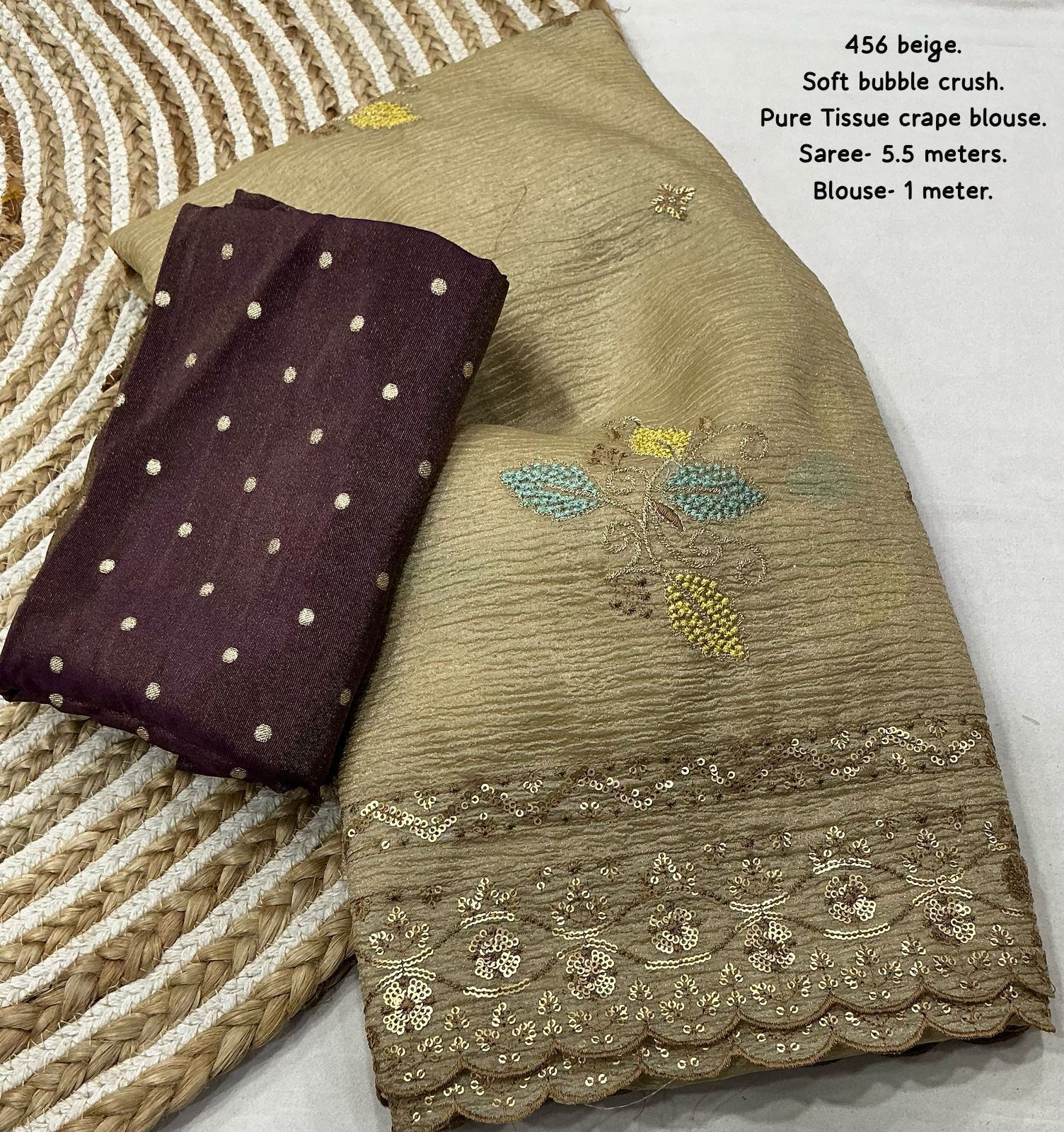 Hooriya fashions - Soft bubble crush saree in beige color.