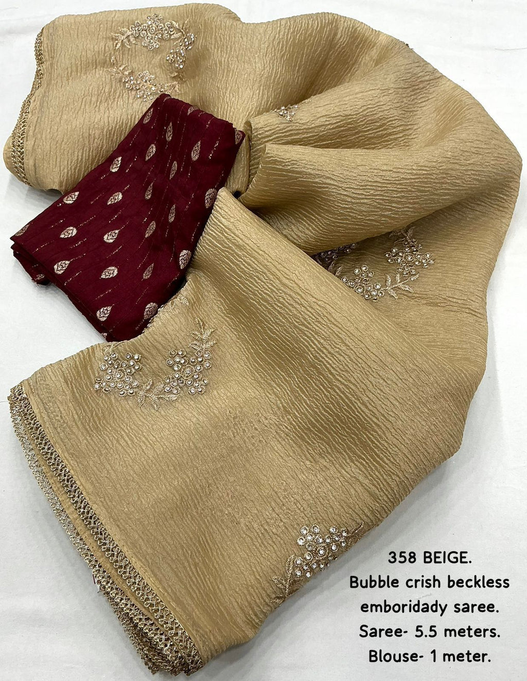 Hooriya fashions - Soft beige bubble crush saree.