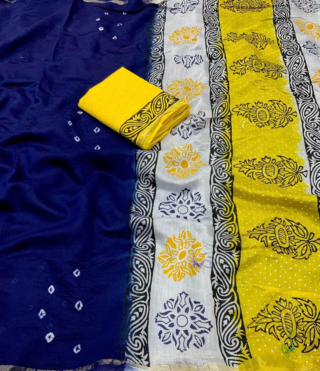Hooriya fashions - New premium hand she bandani with blovk print saree.