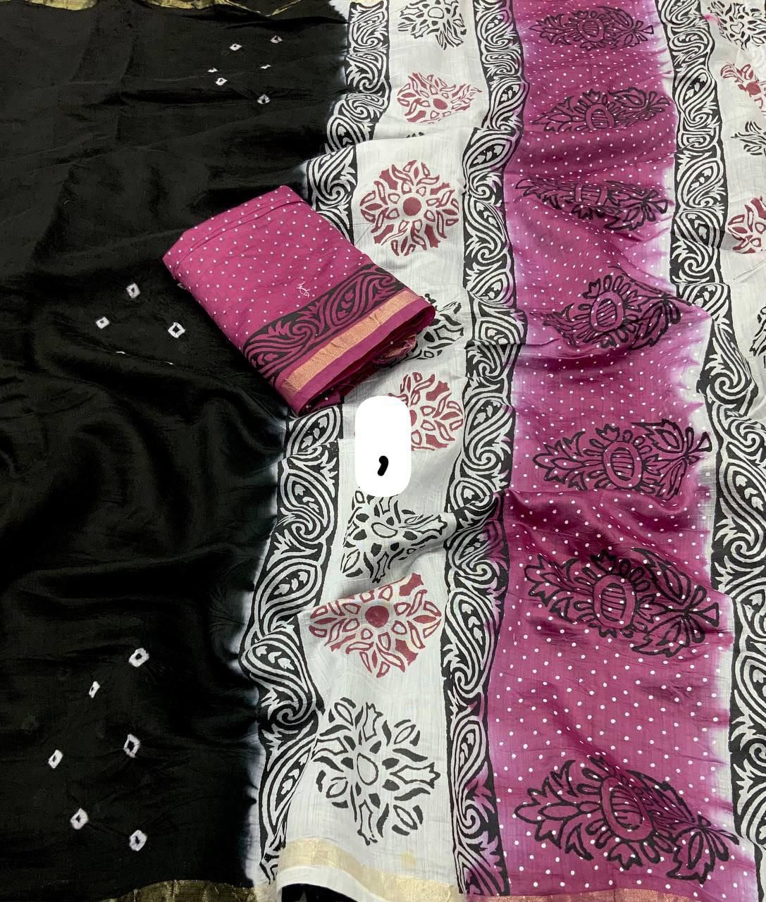 Hooriya fashions - New premium hand she bandani with blovk print saree.