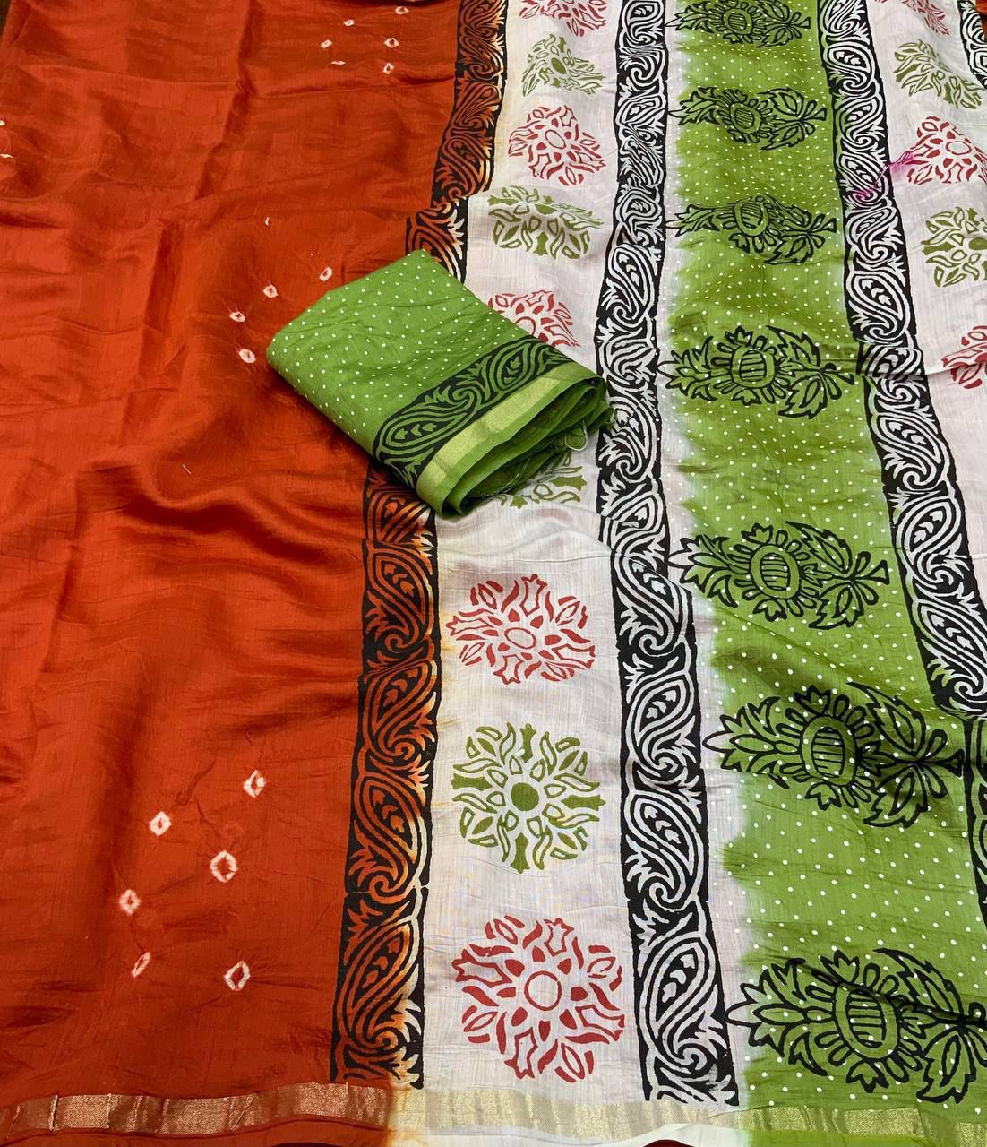 Hooriya fashions - New premium hand she bandani with blovk print saree.