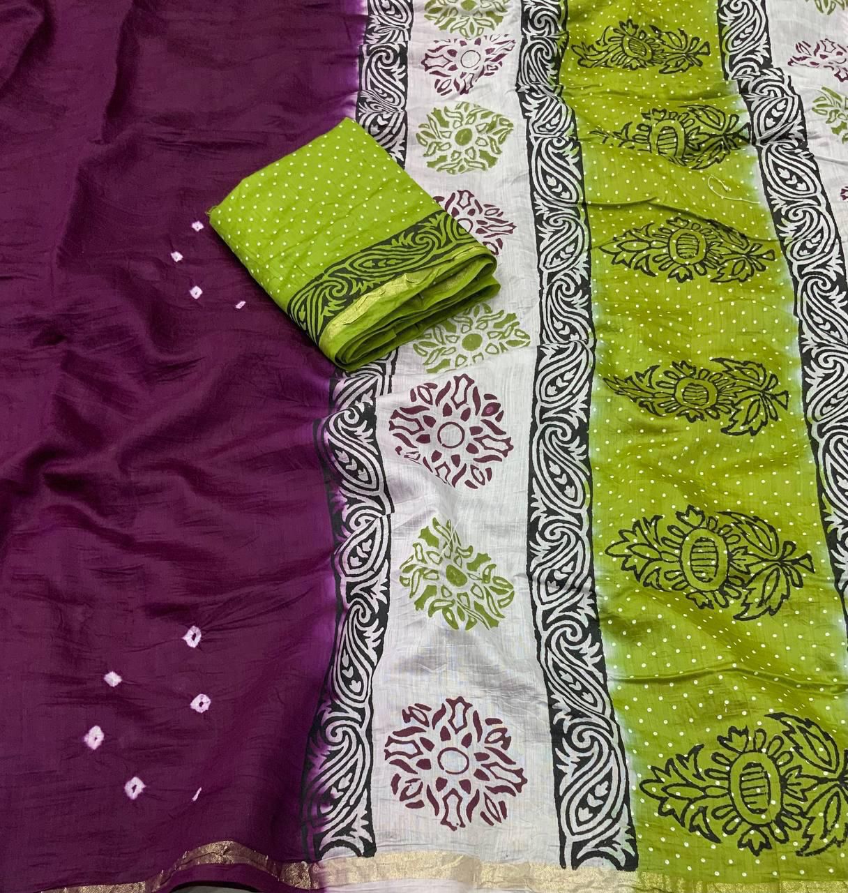 Hooriya fashions - New premium hand she bandani with blovk print saree.