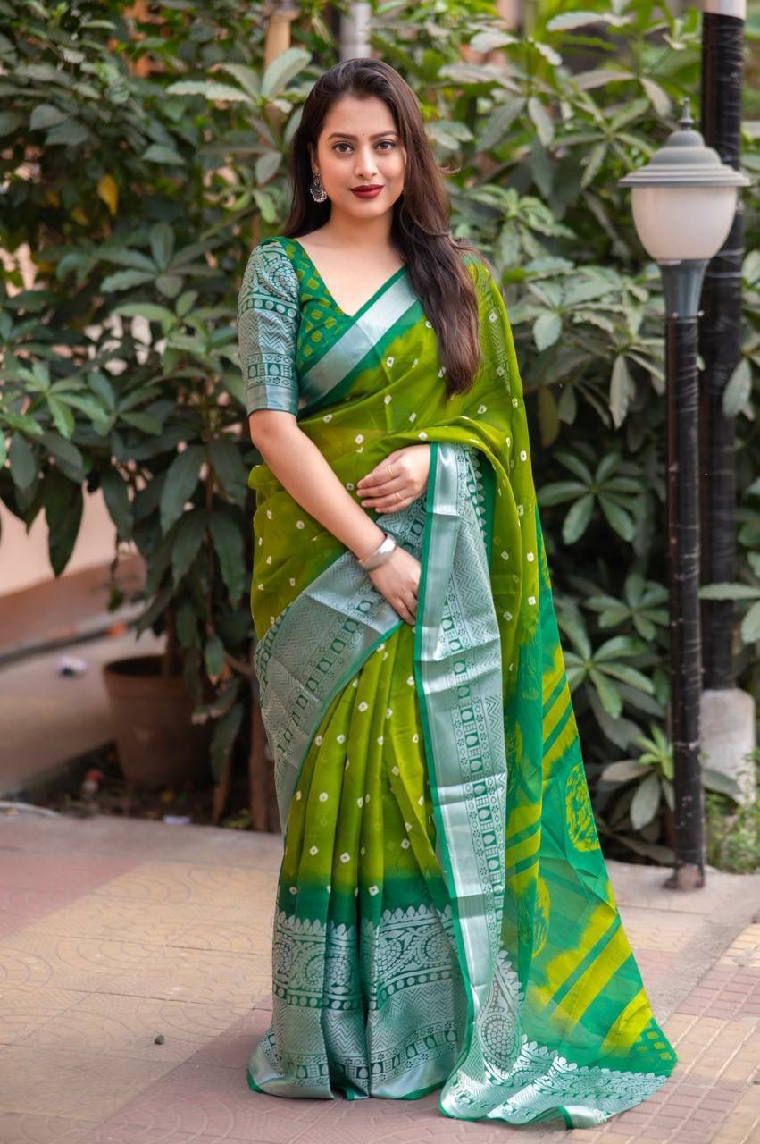Hooriya Fashions - soft jute silk saree with allover bandez print and cut broaso border.