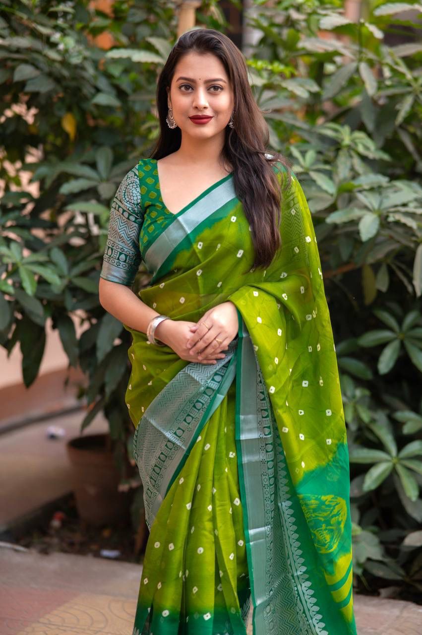 Hooriya Fashions - soft jute silk saree with allover bandez print and cut broaso border.