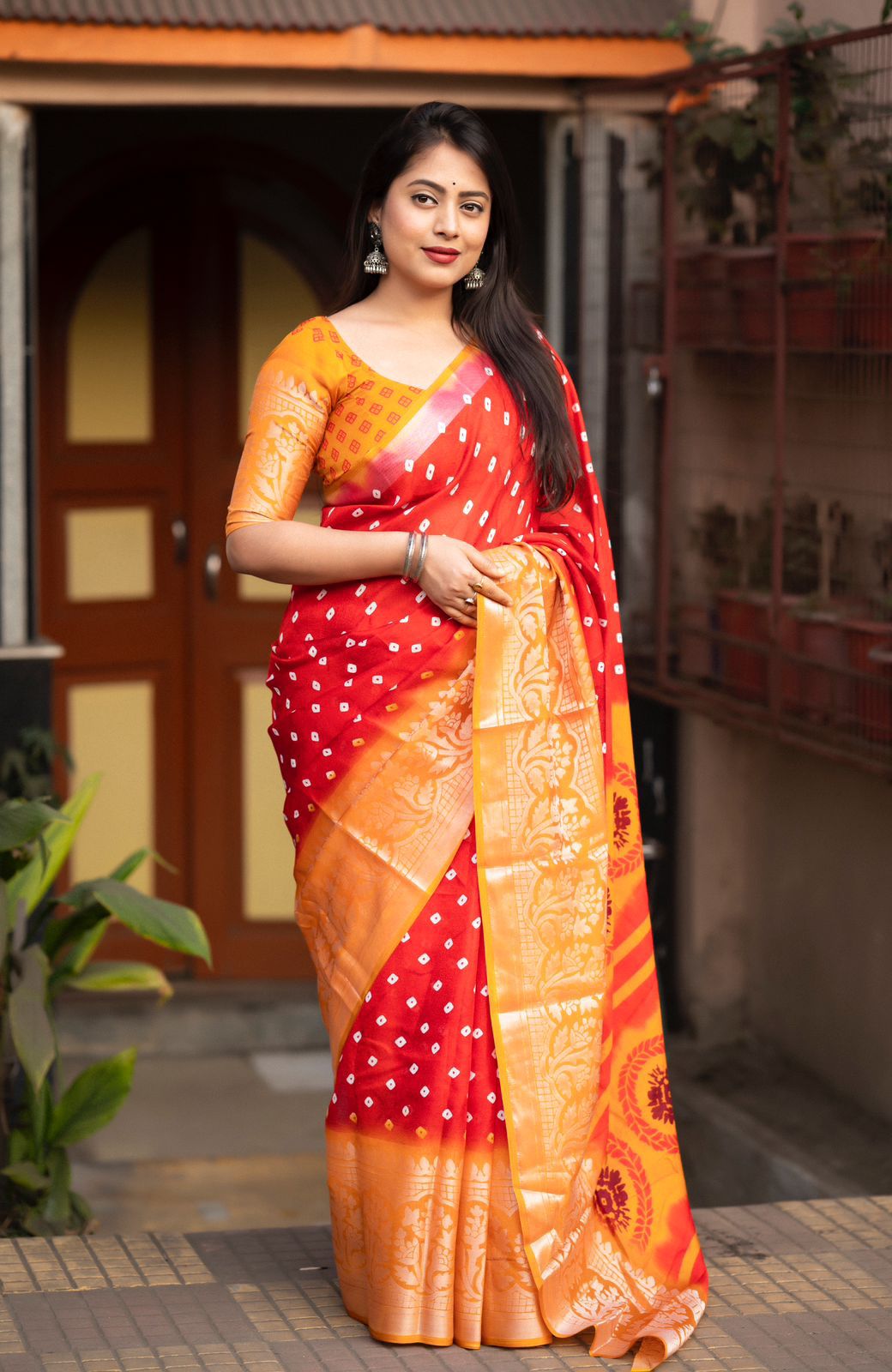 Hooriya Fashions - soft jute silk saree with allover bandez print and cut broaso border.