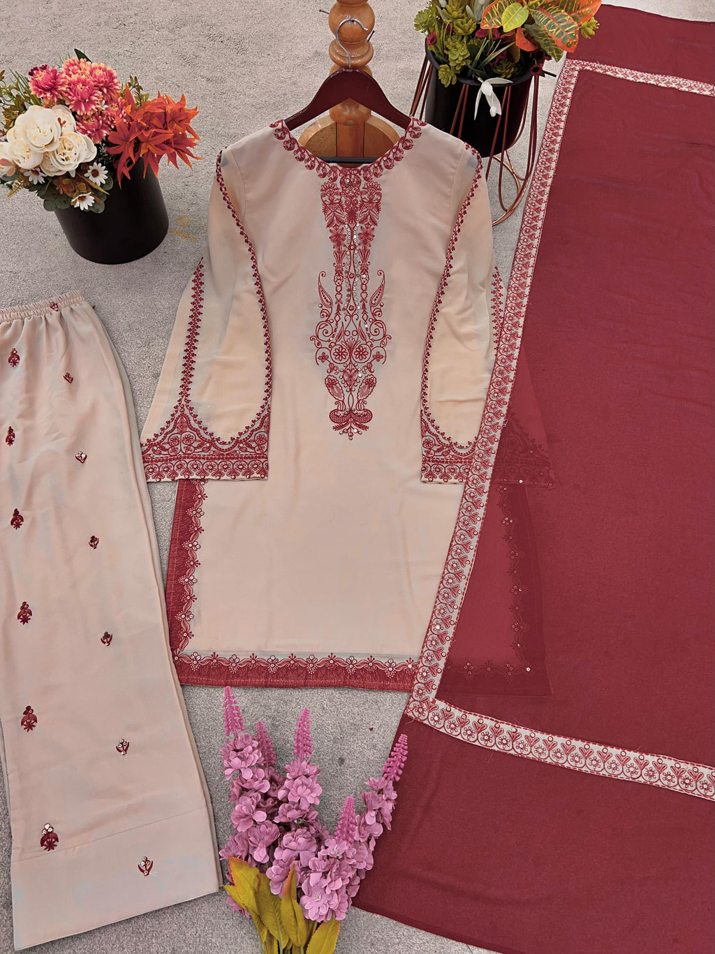 Hooriya Fanshions - Top-Bottom And Dupatta Set Fully Stitched Ready To Wear.