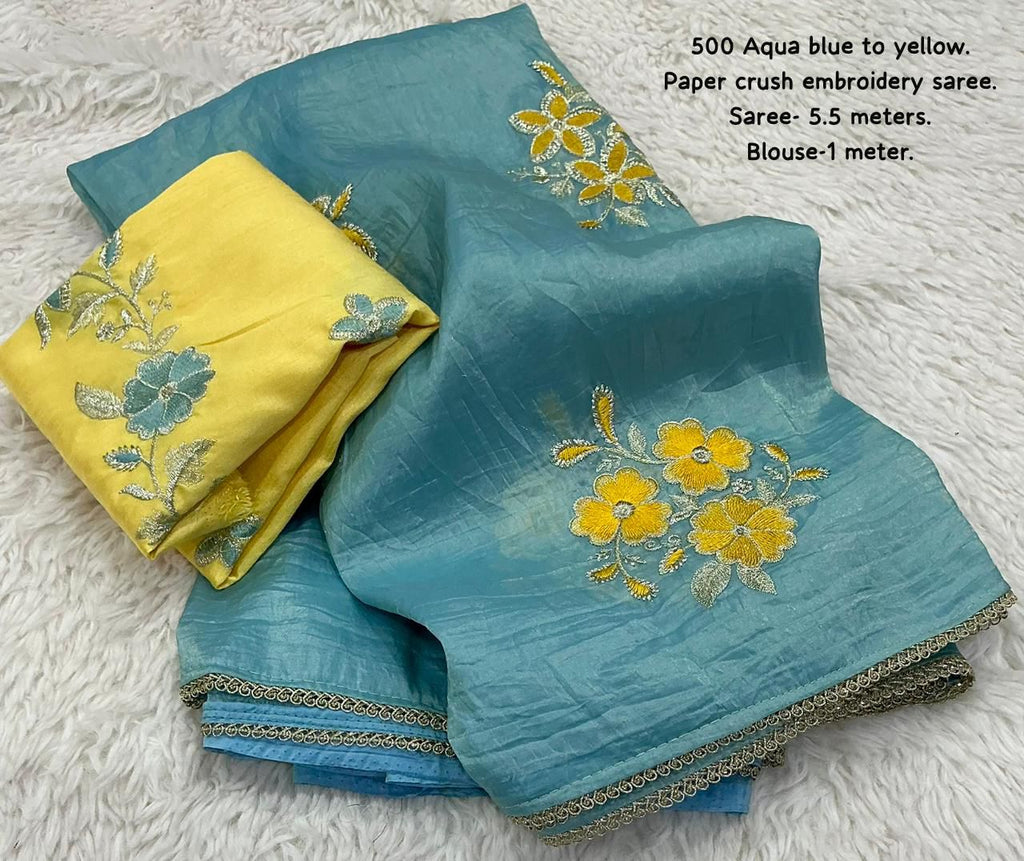 Hooriya Fashions - Soft paper crush saree with heavy embroidery buttas.