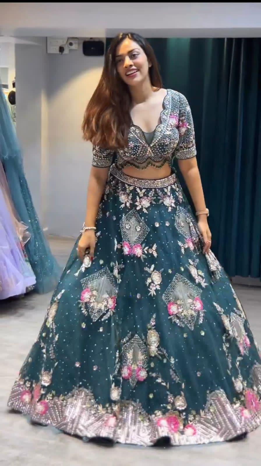 Hooriya Fashions - Flared Lehenga Butterfly Net embroidered Sequins