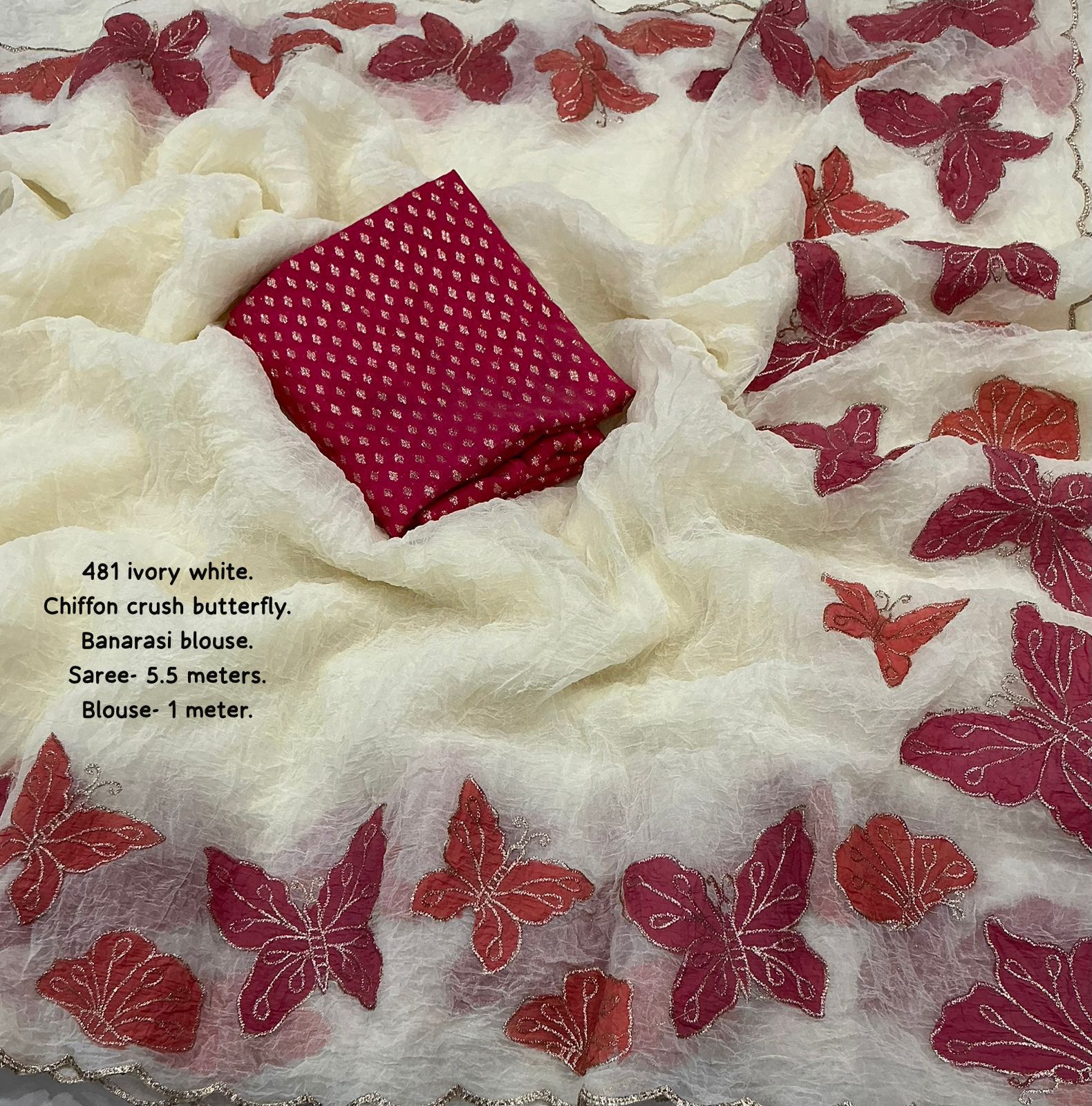 Hooriya Fashions - Soft ivory white crush chiffon saree with zari emboridary butterfly.