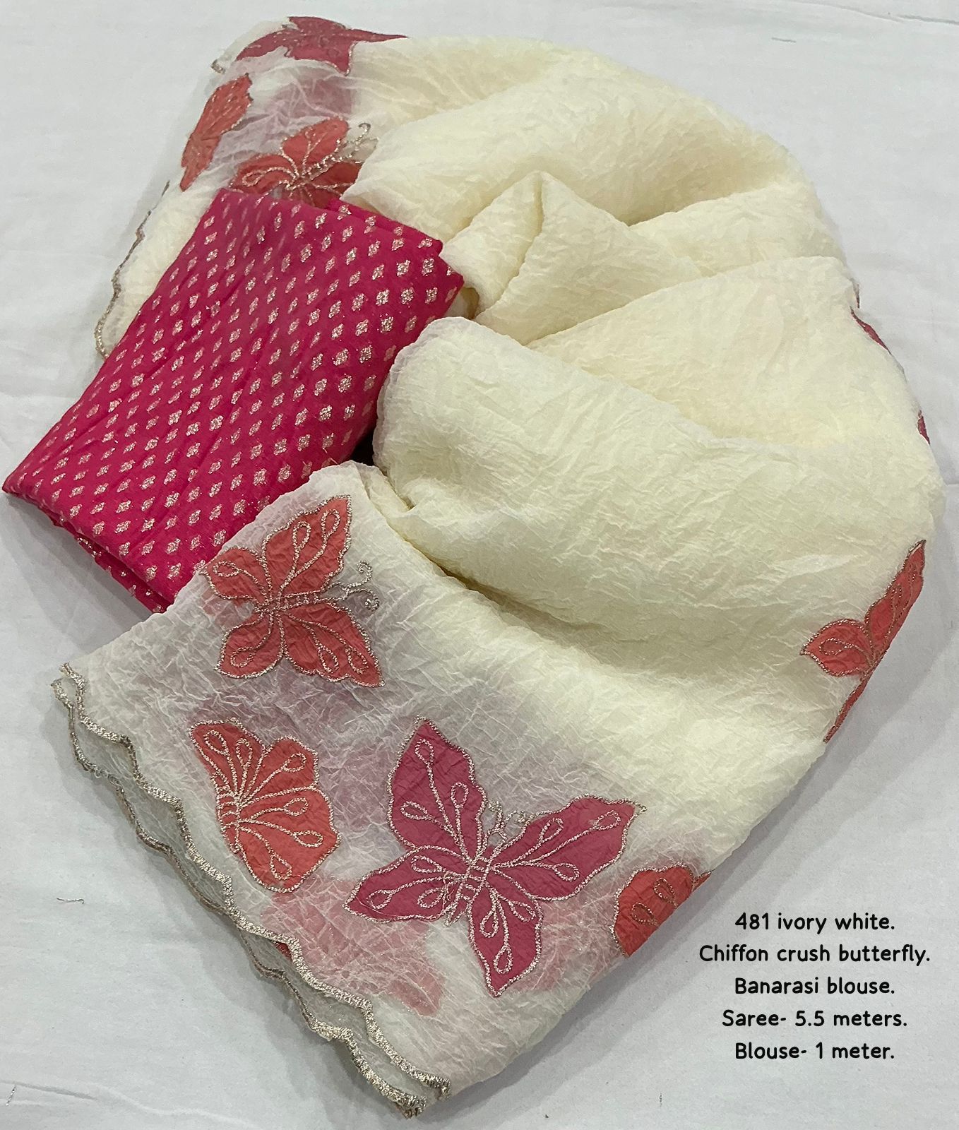 Hooriya Fashions - Soft ivory white crush chiffon saree with zari emboridary butterfly.