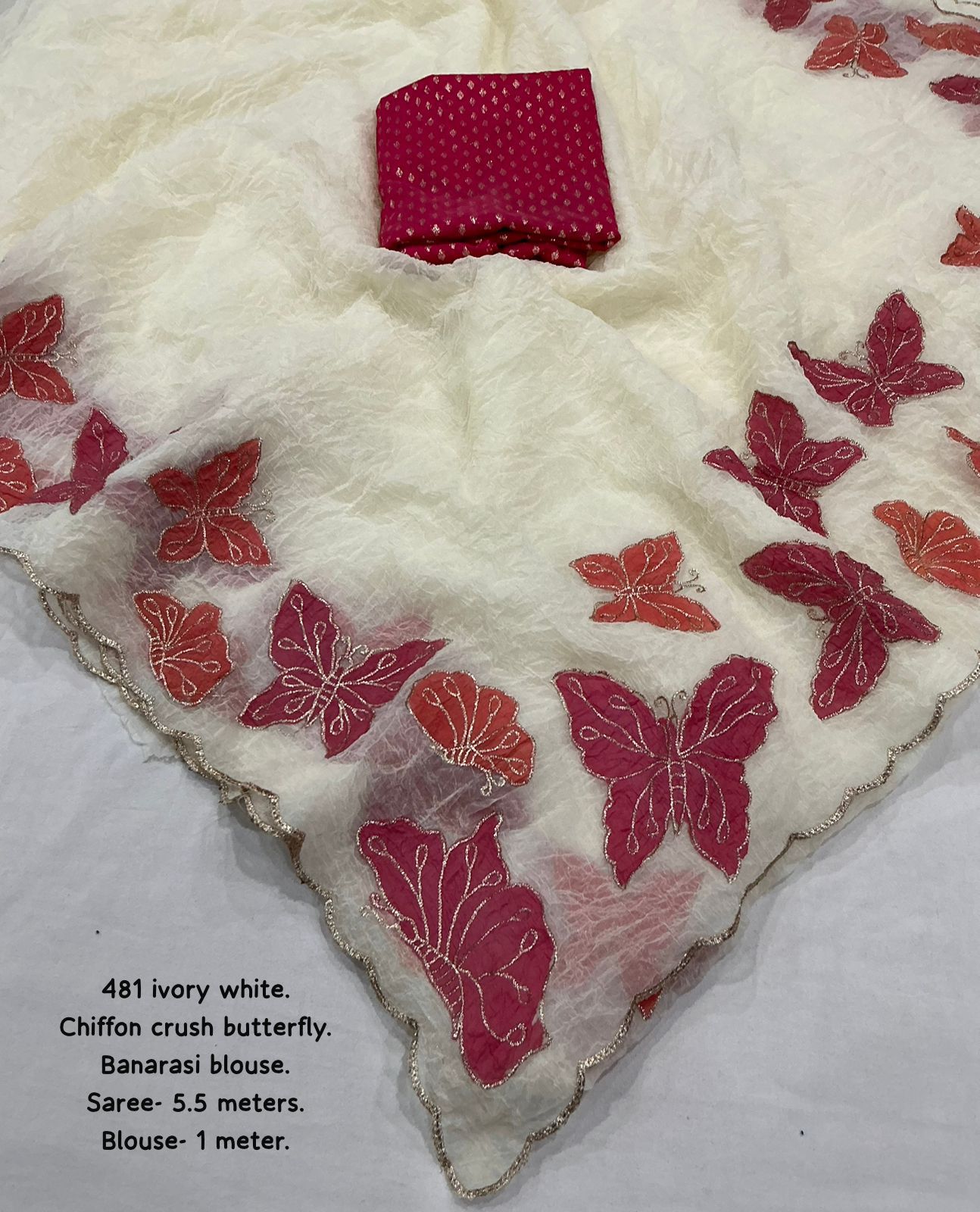 Hooriya Fashions - Soft ivory white crush chiffon saree with zari emboridary butterfly.