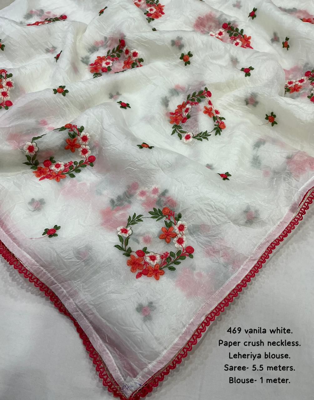 Hooriya Fashions - Soft paper crush saree with floral neckless emboridary.