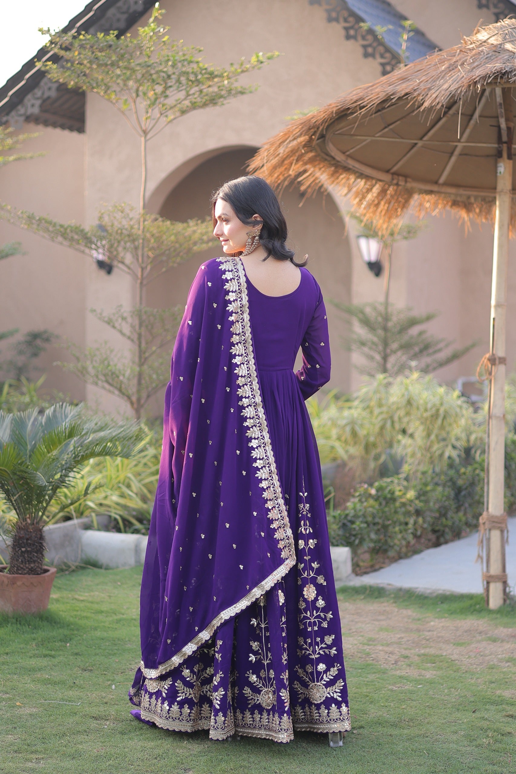 Luxury Designer Gown with Dupatta – Zari & Sequins Embroidered Faux Blooming Georgette