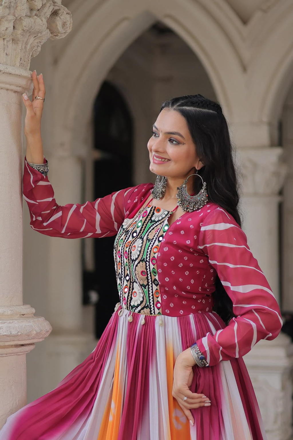 Designer Bandhej Gown with Gamthi Embroidery & Mirror Work