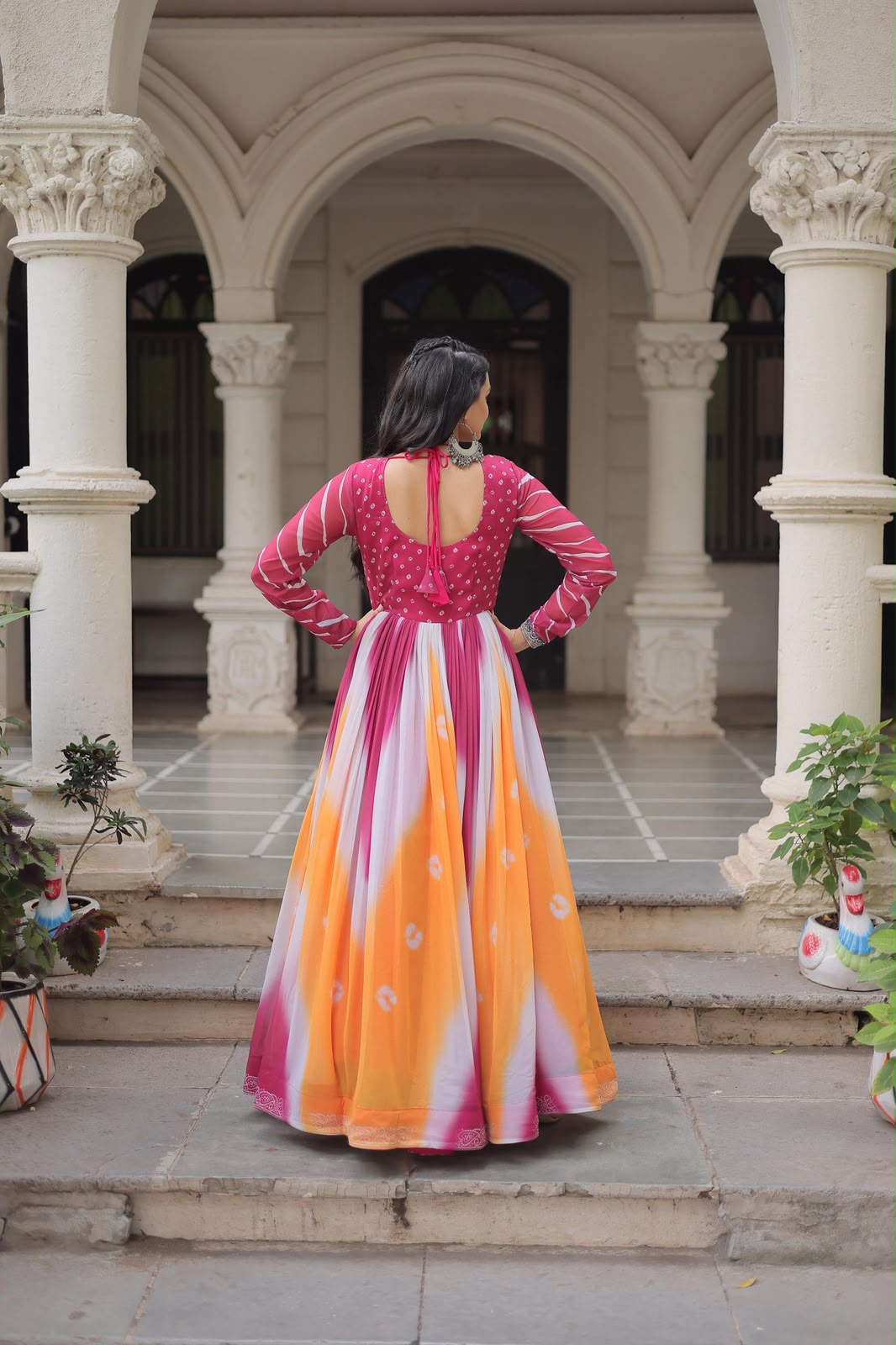 Designer Bandhej Gown with Gamthi Embroidery & Mirror Work