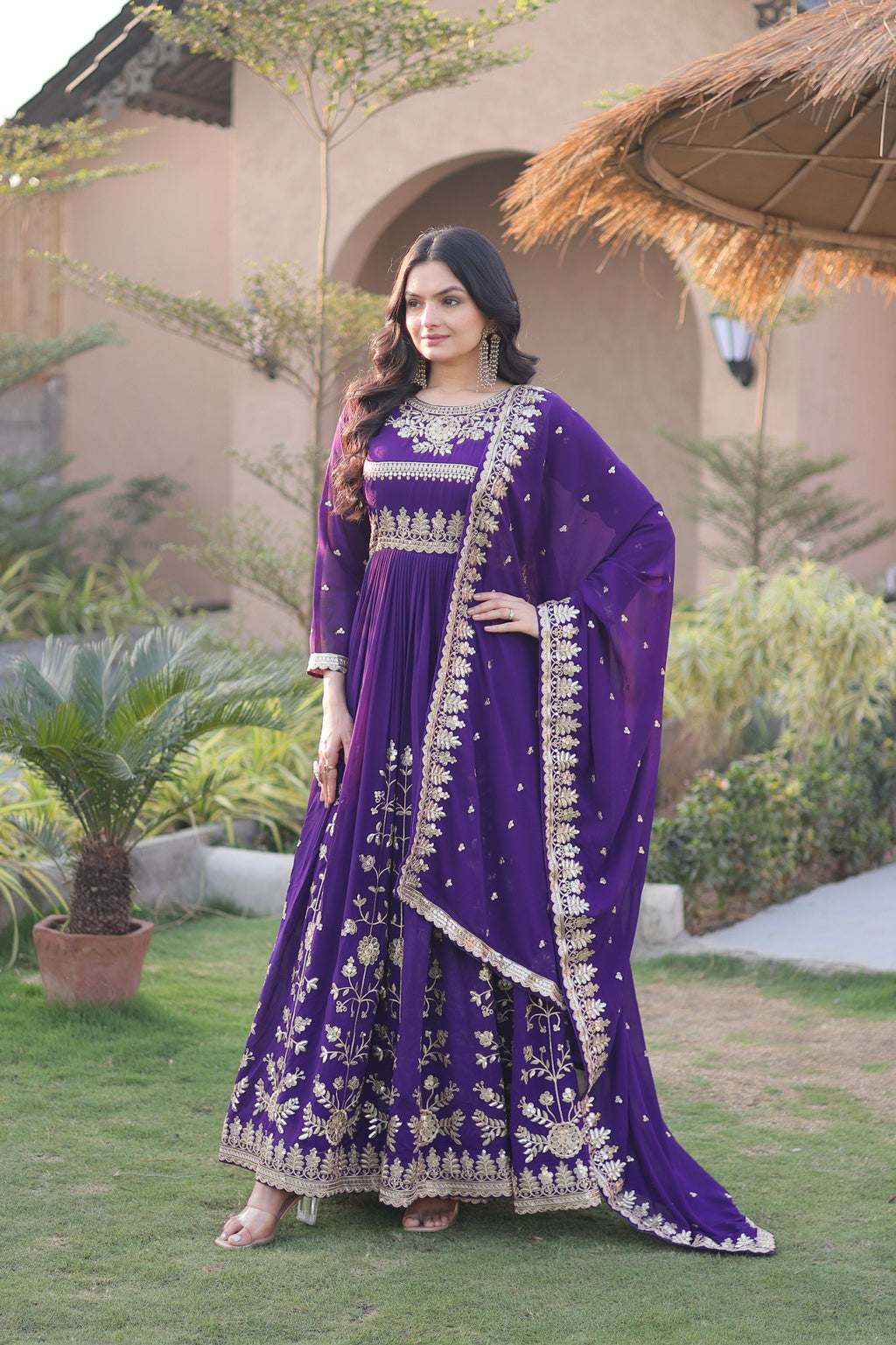 Luxury Designer Gown with Dupatta – Zari & Sequins Embroidered Faux Blooming Georgette