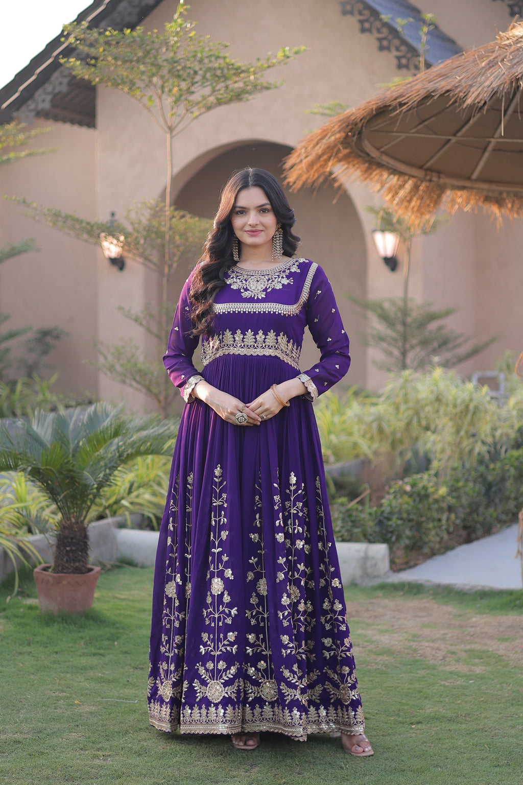 Luxury Designer Gown with Dupatta – Zari & Sequins Embroidered Faux Blooming Georgette