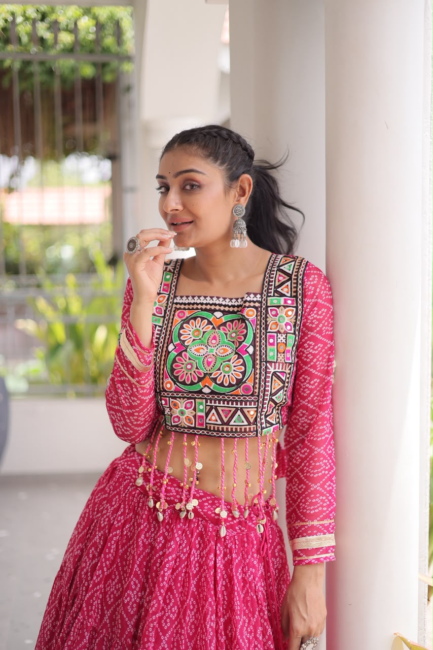 Designer Bandhani Lehenga Choli Set – Faux Georgette with Kutchi Patchwork