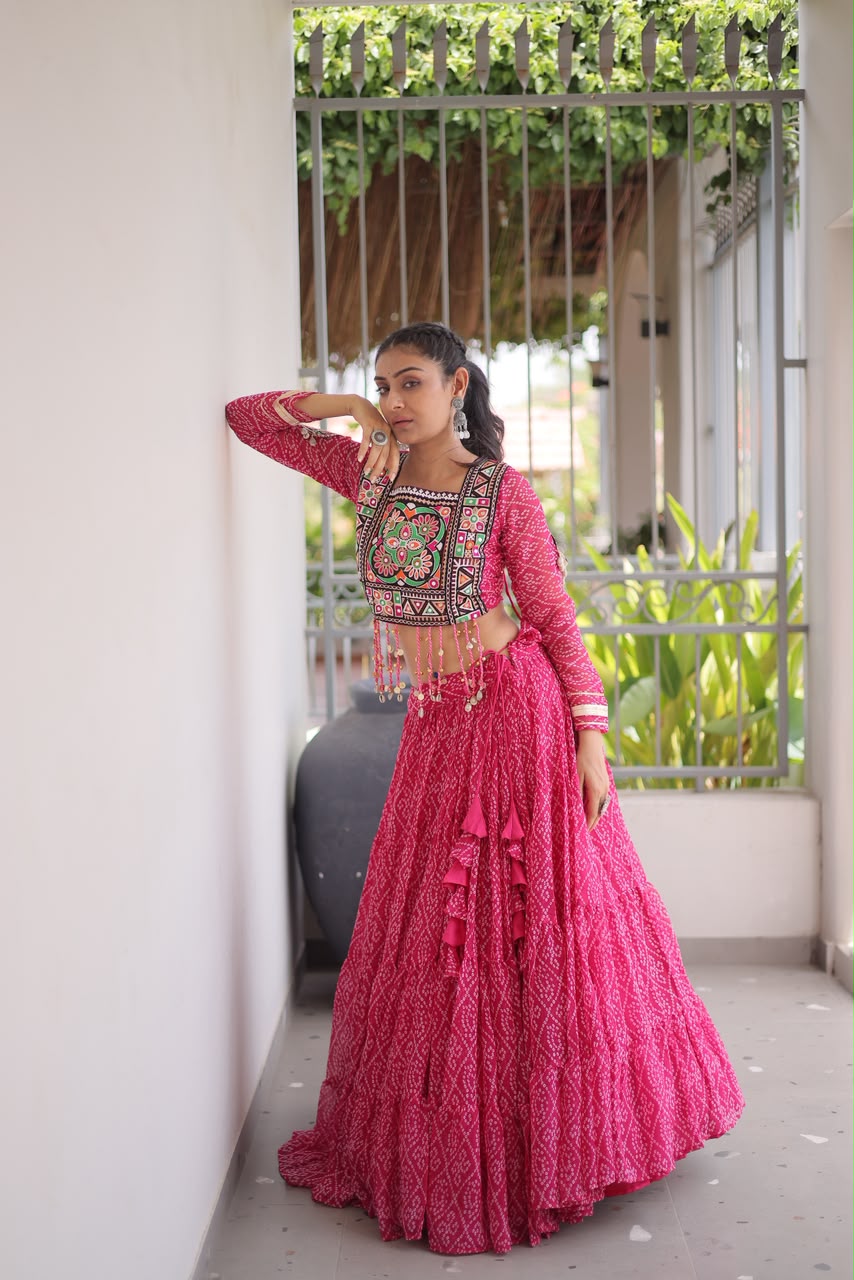 Designer Bandhani Lehenga Choli Set – Faux Georgette with Kutchi Patchwork