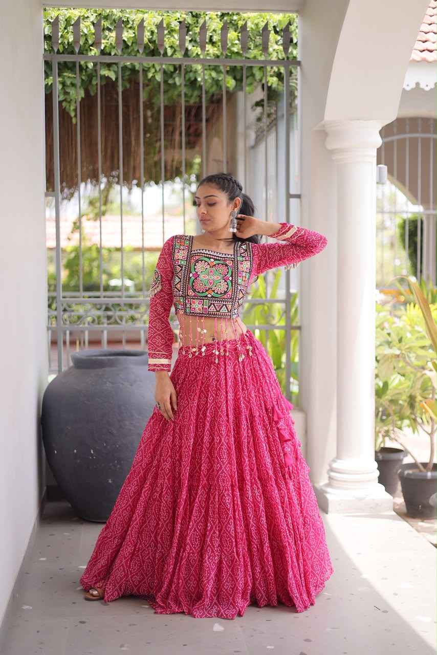 Designer Bandhani Lehenga Choli Set – Faux Georgette with Kutchi Patchwork