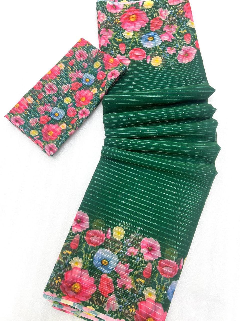 Hooriya Fashion Georgette green fabric with pink and blue floral print and subtle stripes