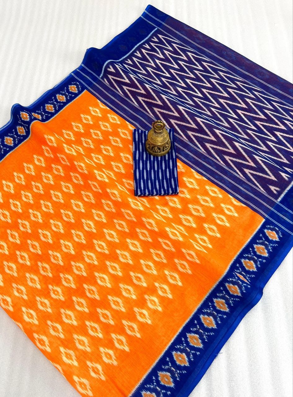 Bright orange and blue traditional Hooriya Fashion saree with intricate geometric patterns and border design