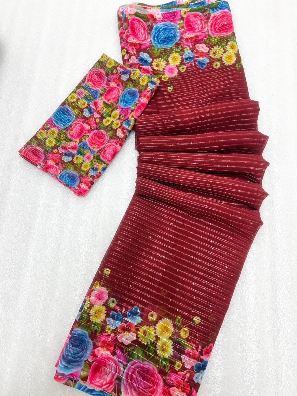 Hooriya Fashions georgette clothing red fabric with colorful floral print and striped texture