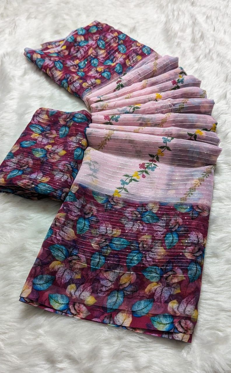 Hooriya Fashions Georgette collection featuring a floral printed fabric in pink and purple tones