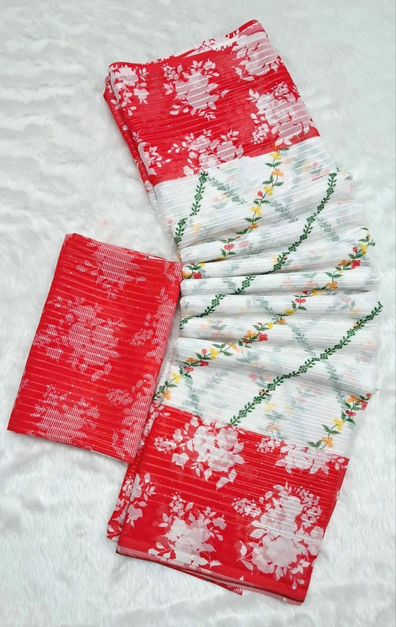 Red and white floral fabric set for Hooriya Fashions traditional attire with detailed floral patterns