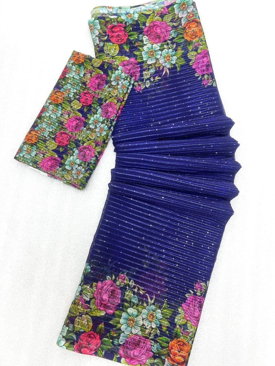 Hooriya Fashions women's clothing vibrant floral print fabric with blue and multicolor flower designs