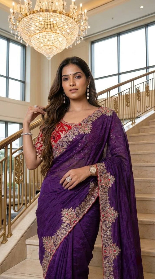 DESIGNER SAREE WITH READYMADE BLOUSE-Purple